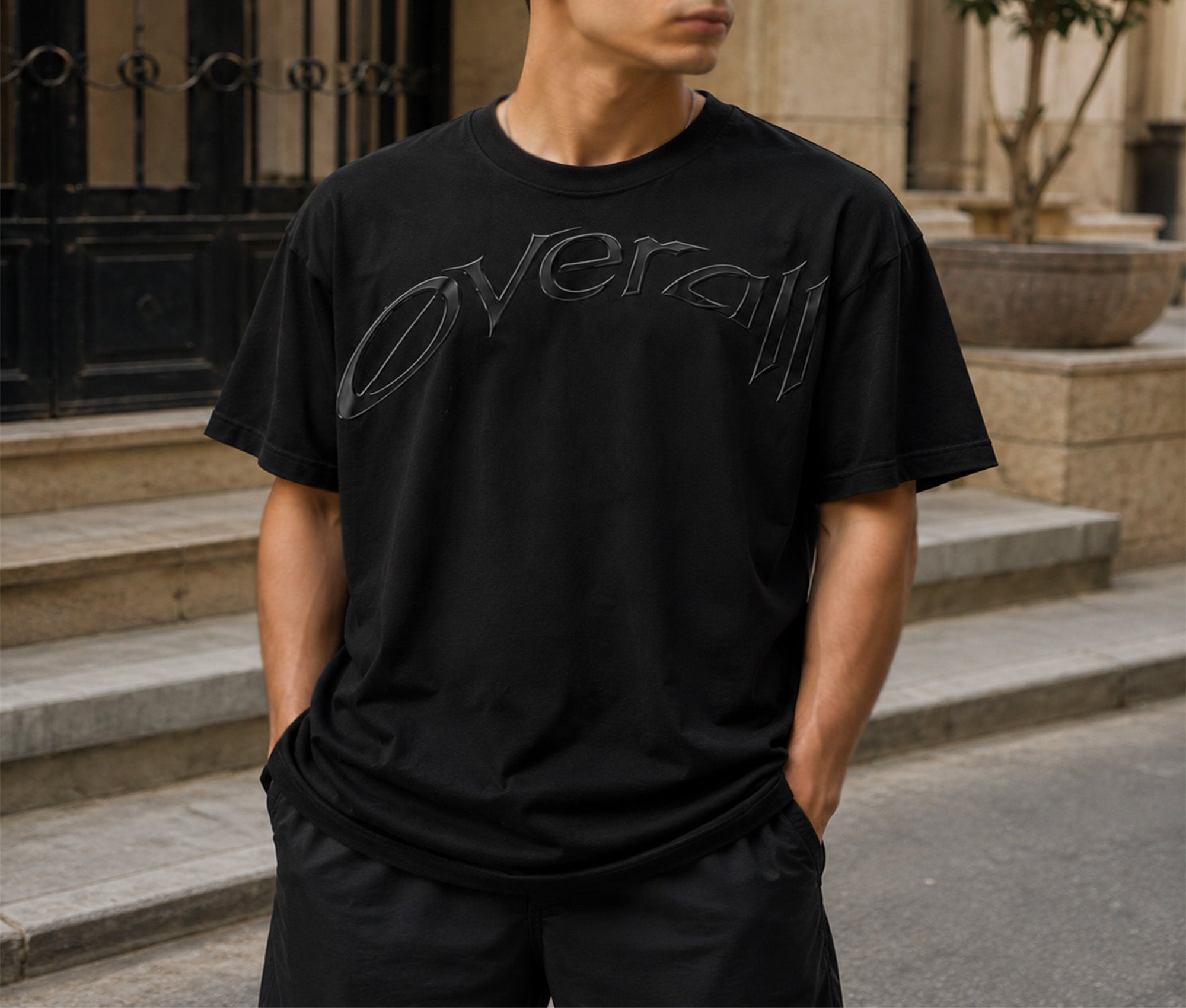 Overall Men’s Oversized Printed T-Shirt Black Crew Neck Short Sleeve Casual Streetwear