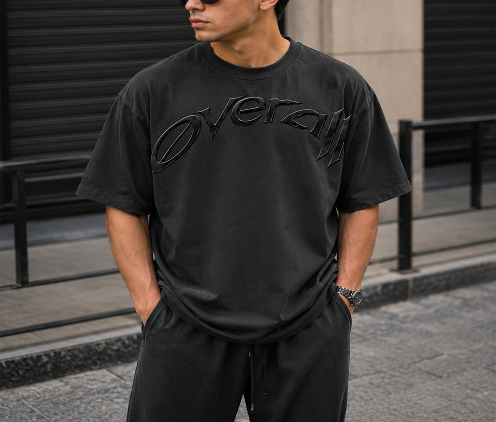 Overall Men’s Oversized Printed T-Shirt Black Crew Neck Short Sleeve Casual Streetwear