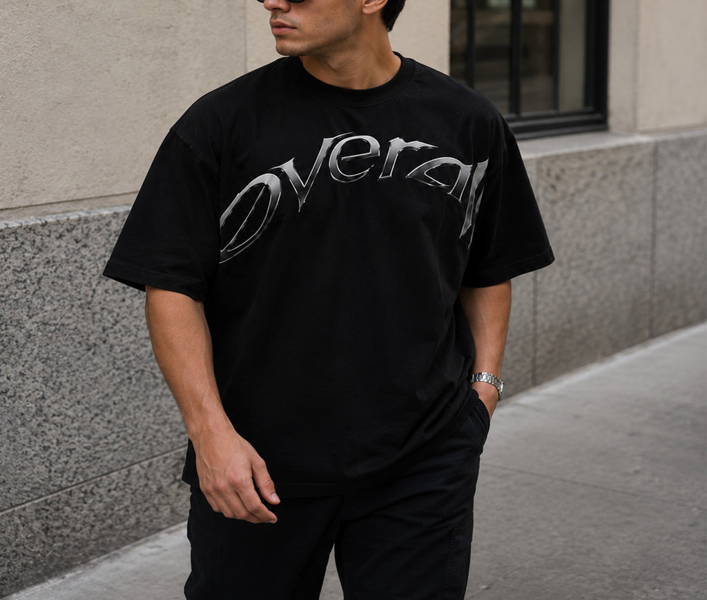 Overall Men’s Oversized Printed T-Shirt Black Crew Neck Short Sleeve Casual Streetwear