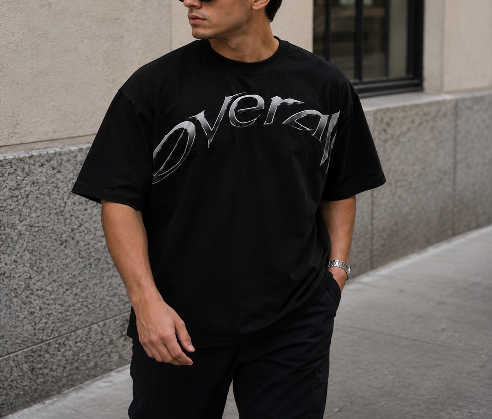Overall Men’s Oversized Printed T-Shirt Black Crew Neck Short Sleeve Casual Streetwear
